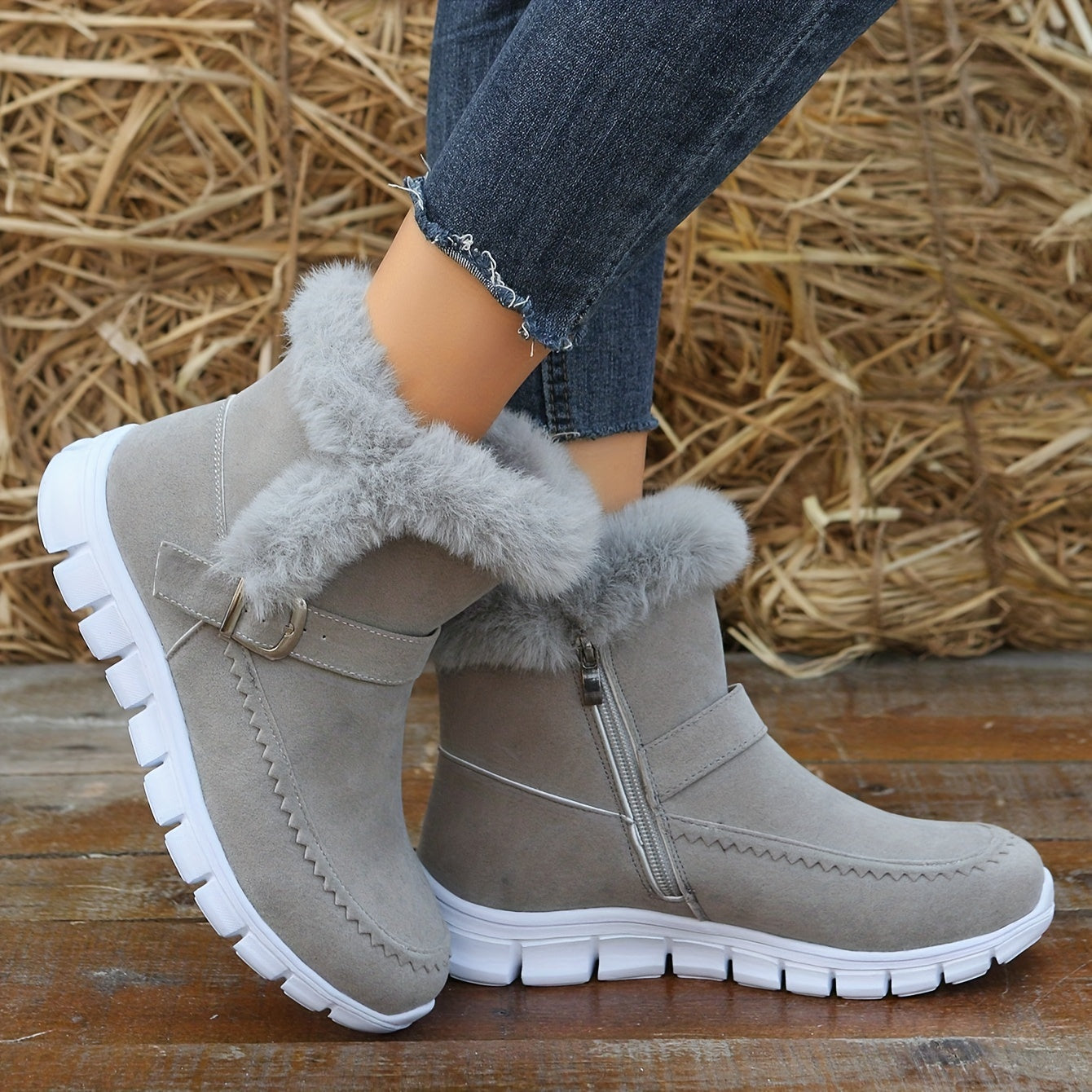 Botas de Inverno Femininas - Sola Espessa com Plataforma para Clima Frio, Sola em PU Antiderrapante, Fecho de Zíper, Interior Aveludado tipo Pelo Sintético - Sapatos Quentes para Looks Diários e Formais - Ylxhoa, Calçado Sazonal, Calçado Elegante, Construção Durável