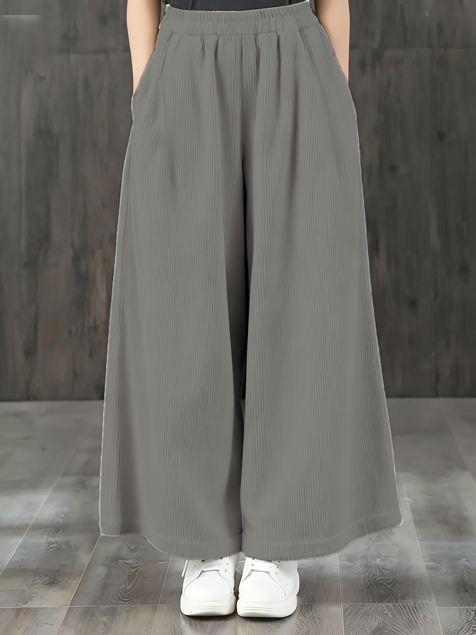 Calças de Bombazine de Perna Larga para Mulher - Calças Casuais de Cintura Elástica com Bolsos, Calças Compridas de Corte Solto para Looks Diários e Formais - Calças Confortáveis para Mulher em Todas as Estações