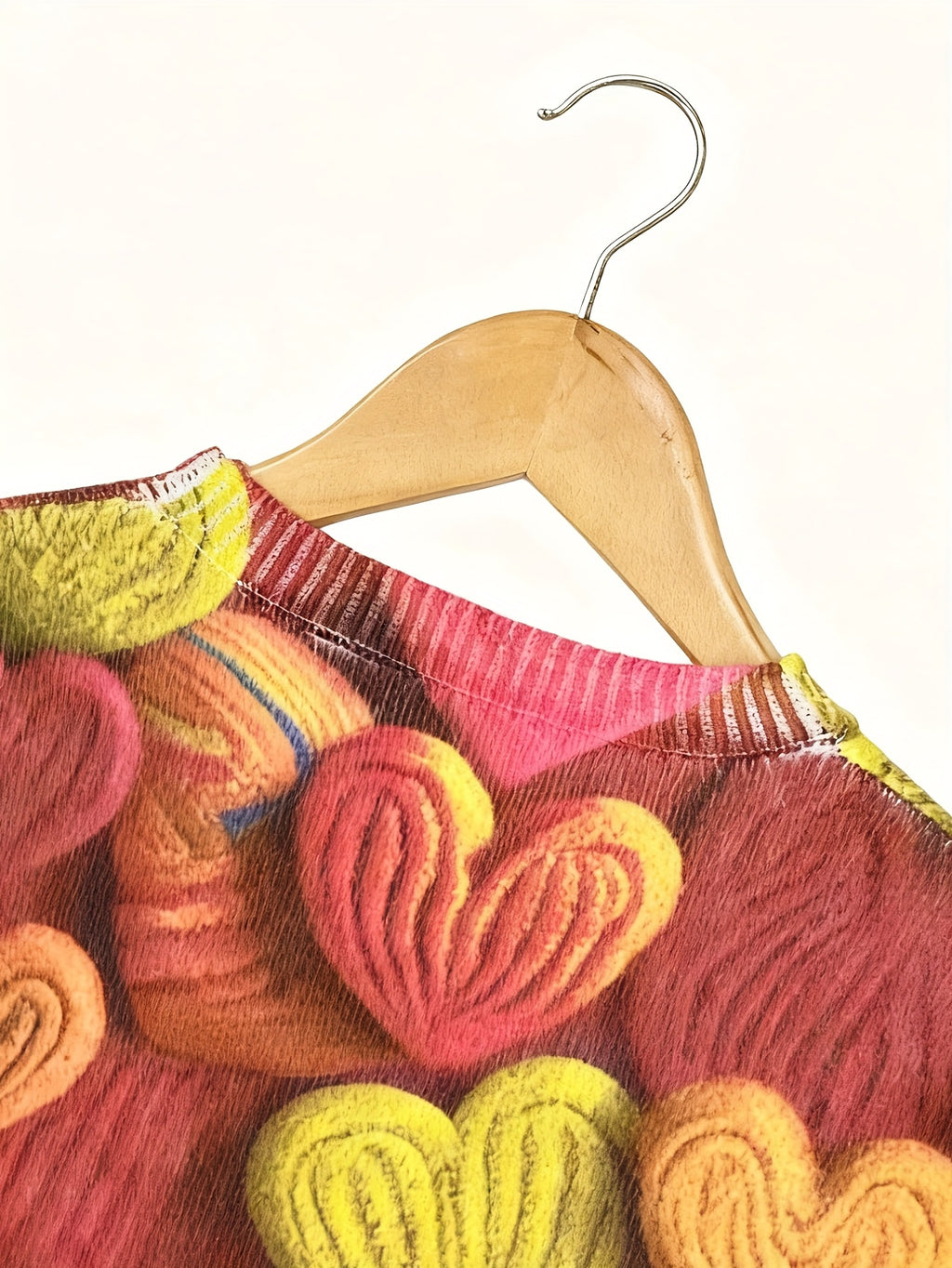 Tamanho Grande - Camisola Elegante Feminina com Padrão de Corações | Época de Outono, Gola Redonda, Manga Comprida, Corte Oversize, Pulôver com Estampado Digital