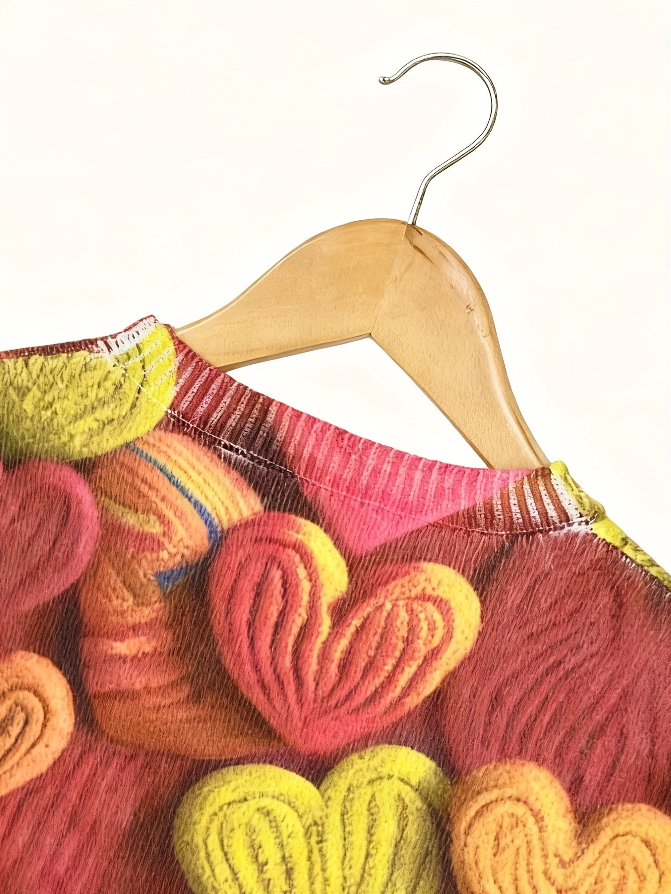 Tamanho Grande - Camisola Elegante Feminina com Padrão de Corações | Época de Outono, Gola Redonda, Manga Comprida, Corte Oversize, Pulôver com Estampado Digital