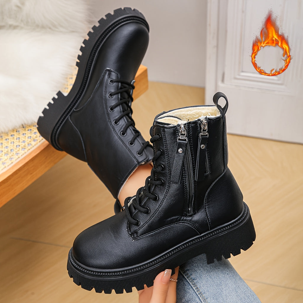 Botas de tornozelo com atacadores de inverno para mulheres com fecho lateral - Fácil de calçar/descalçar, sola de PVC antiderrapante, bico redondo e salto plano - Botas elegantes pretas e brancas para o dia a dia, escritório, eventos formais - Calçado para o frio para mulheres, botas de inverno para senhoras, calçado para o dia a dia, design de botas elegante, sola de PVC durável, vestuário de escritório, calçado elegante, forro confortável, mulheres conscientes da moda