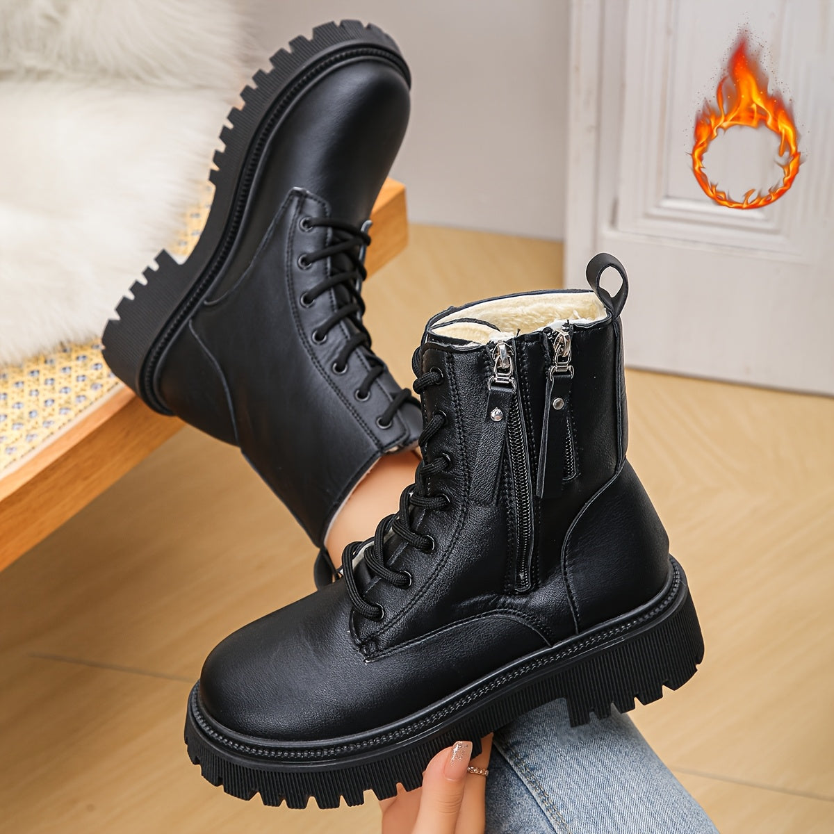 Botas de tornozelo com atacadores de inverno para mulheres com fecho lateral - Fácil de calçar/descalçar, sola de PVC antiderrapante, bico redondo e salto plano - Botas elegantes pretas e brancas para o dia a dia, escritório, eventos formais - Calçado para o frio para mulheres, botas de inverno para senhoras, calçado para o dia a dia, design de botas elegante, sola de PVC durável, vestuário de escritório, calçado elegante, forro confortável, mulheres conscientes da moda