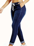 Calças de ganga de cintura alta para mulheres de tamanho grande com cintura elástica e cordão - Ajuste slim, bainha com punho, lavagem azul clara, estilo casual, ajuste confortável para atuário casual, calças de ganga de cintura alta, roupa confortável, material não transparente