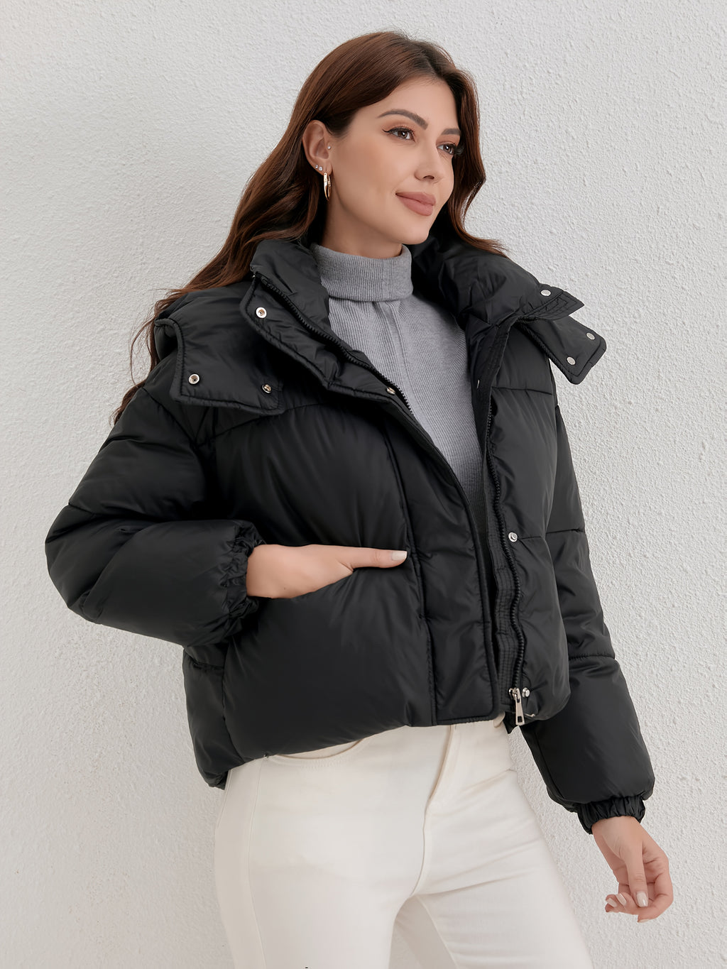 Casaco Leve com Capuz para Mulher - Casaco de Inverno Quente com Fecho de Zíper Completo, Gola Alta, Exterior - Roupa Exterior de Fácil Cuidado para Clima Frio para Uso Diário e Formal, Casaco de Inverno, Roupa Casual de Inverno, Design de Gola Alta, Roupa de Inverno Durável, Moda de Outono