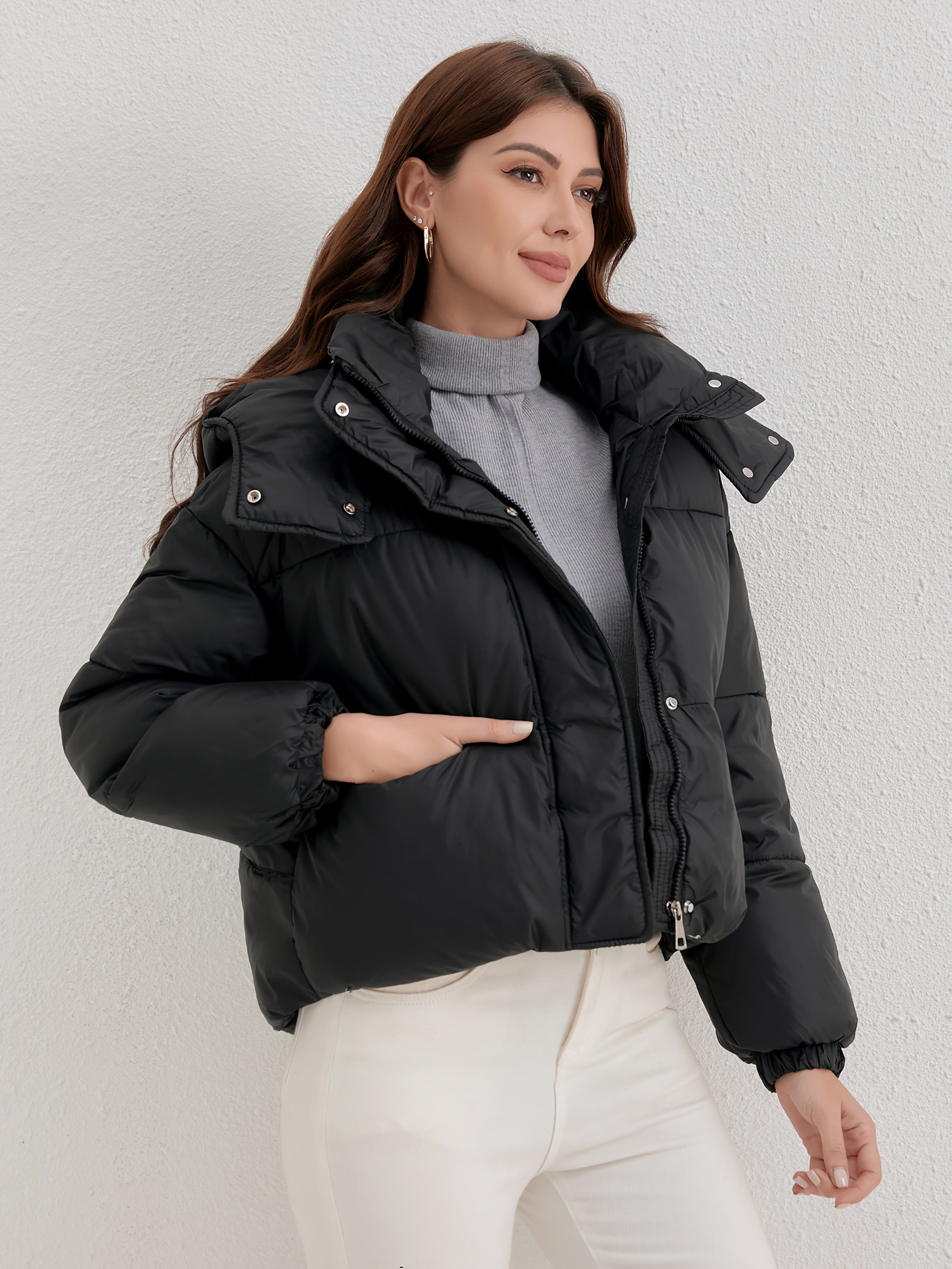 Casaco Leve com Capuz para Mulher - Casaco de Inverno Quente com Fecho de Zíper Completo, Gola Alta, Exterior - Roupa Exterior de Fácil Cuidado para Clima Frio para Uso Diário e Formal, Casaco de Inverno, Roupa Casual de Inverno, Design de Gola Alta, Roupa de Inverno Durável, Moda de Outono