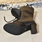 Sandálias Femininas de Cano Médio com Salto Grosso, Amarração e Bico Redondo em Tecido Sintético - Confortáveis para Todas as Estações