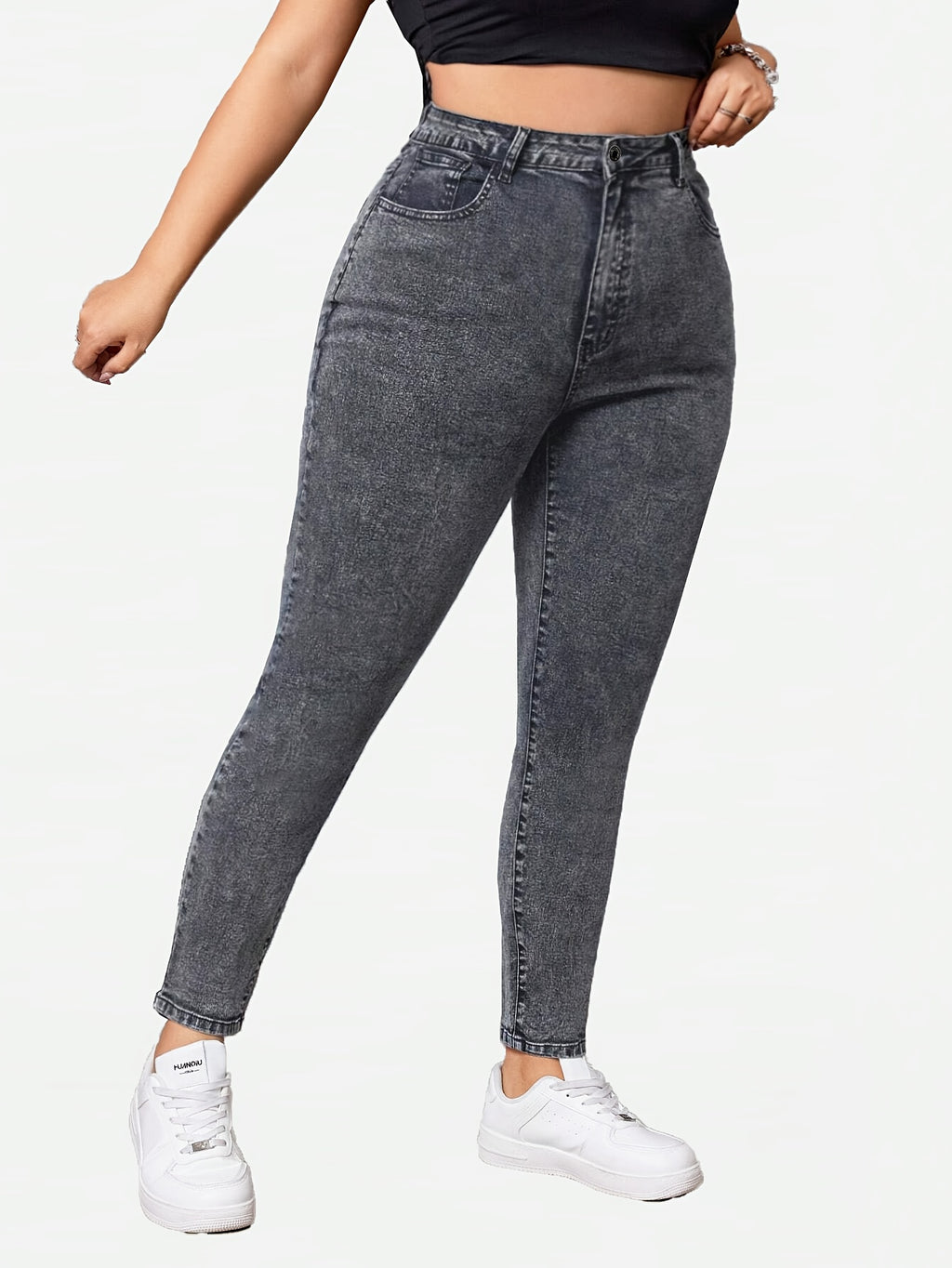 Calças Skinny Plus Size Cinza com Estampa de Floco de Neve e Elástico