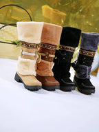 Botas de Inverno Retrô Bohemian Femininas com Detalhes de Bolas de Miçangas e Laço - Botas de Cano Médio com Solado de Borracha Grossa e Forro de Pele Sintética para Passeios Casuais, Encontros, Compras - Preto, Botas de Inverno