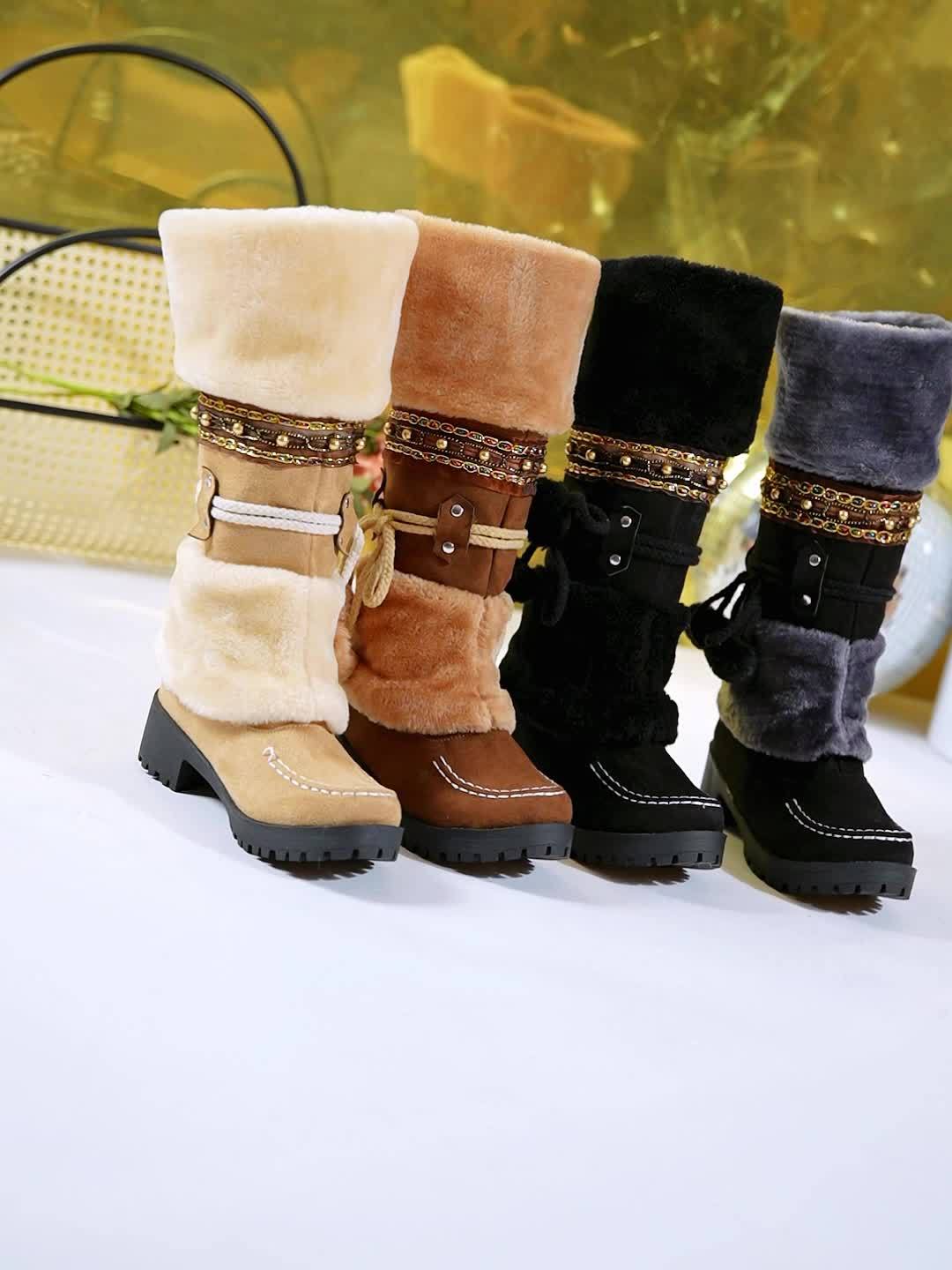 Botas de Inverno Retrô Bohemian Femininas com Detalhes de Bolas de Miçangas e Laço - Botas de Cano Médio com Solado de Borracha Grossa e Forro de Pele Sintética para Passeios Casuais, Encontros, Compras - Preto, Botas de Inverno