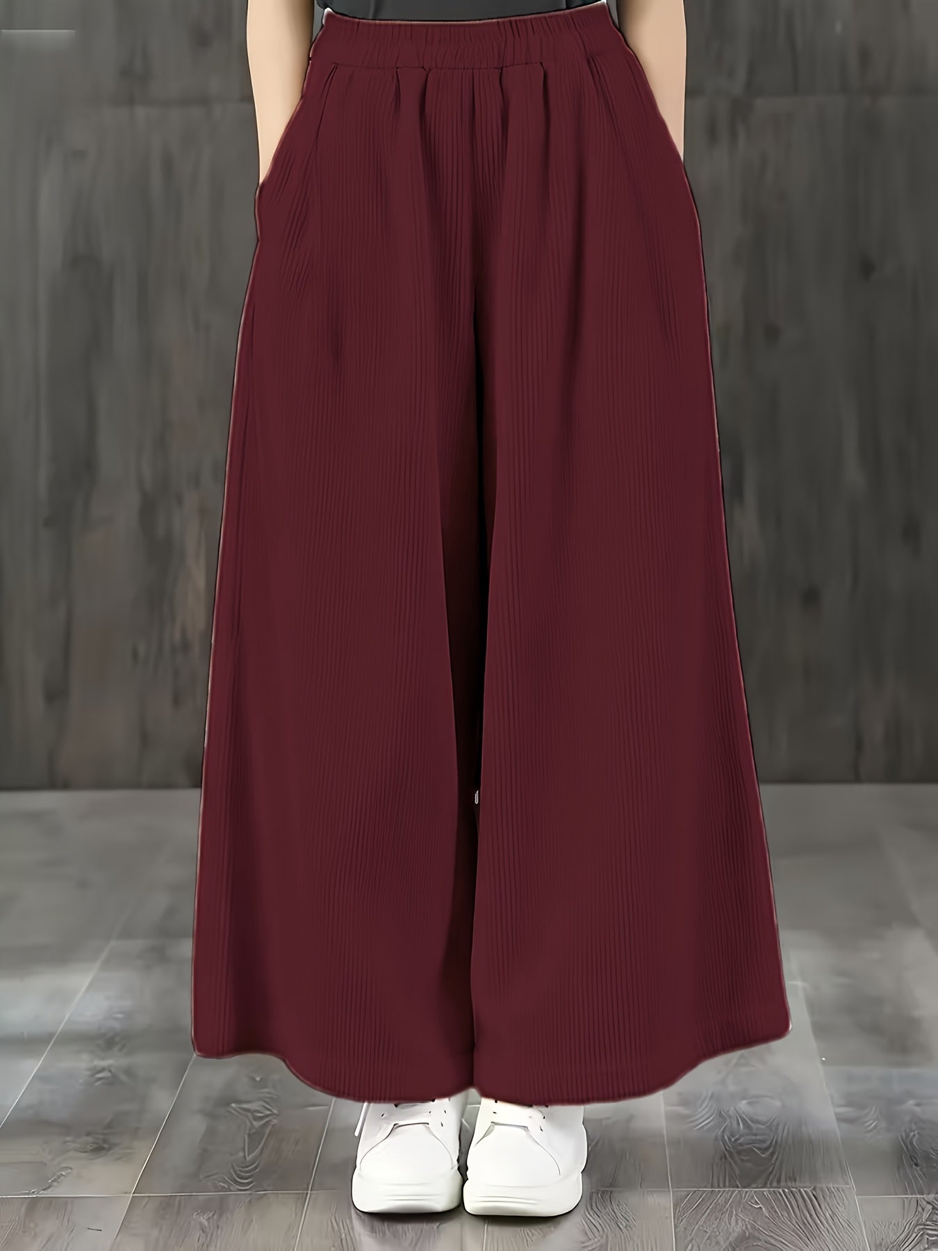 Calças de Bombazine de Perna Larga para Mulher - Calças Casuais de Cintura Elástica com Bolsos, Calças Compridas de Corte Solto para Looks Diários e Formais - Calças Confortáveis para Mulher em Todas as Estações