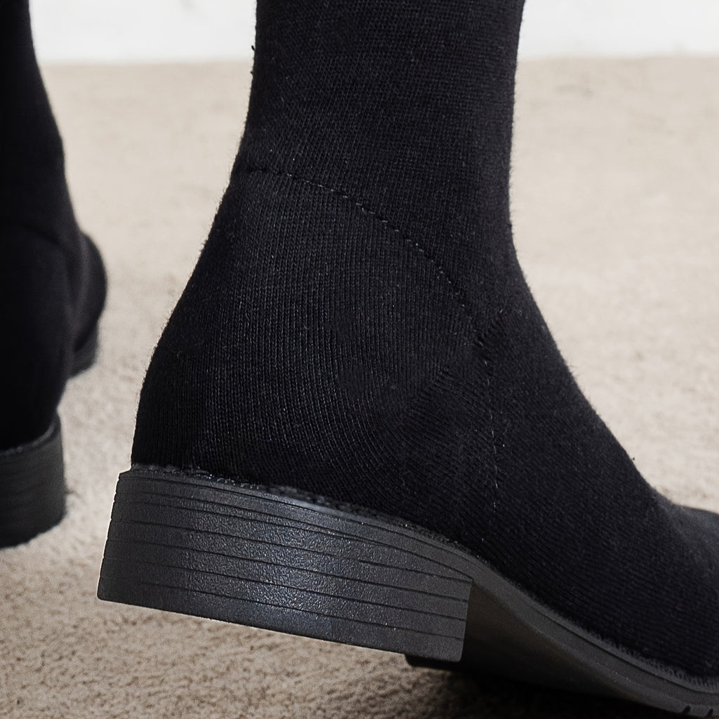 Botas elásticas até o joelho para mulheres, estilo novo 2025, versáteis botas compridas de malha longa sobre o joelho, planas, redondas e emagrecedoras.