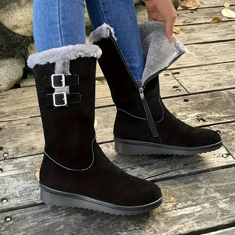 Botas de Inverno para Mulheres - Botas de Meia-Perna com Fecho de Zíper, Sola TR Antiderrapante - Forro Quente de Pele Falsa - Salto Baixo para Uso Diário e Formal - Sapatos Pretos para Clima Frio, Sapatos de Inverno, Calçado de Bico Redondo, Forro Interno de Pelúcia, Calçado Casual, Calçado Confortável, Forro Quente, Roupa de Escritório