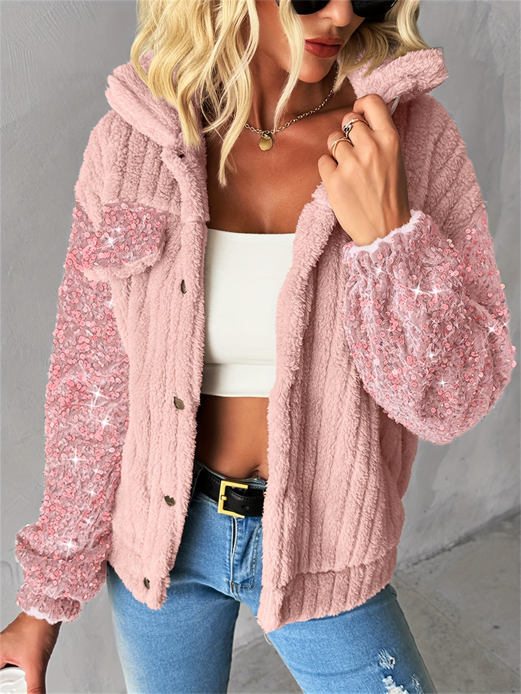 CHICME Casaco de Pelúcia Feminino em Imitação de Pele com Detalhes de Lantejoulas - Elegante Casaco de Manga Comprida com Gola de Lapela e Várias Cores, Roupa de Exterior de Inverno Lavável à Máquina para Outono/Inverno