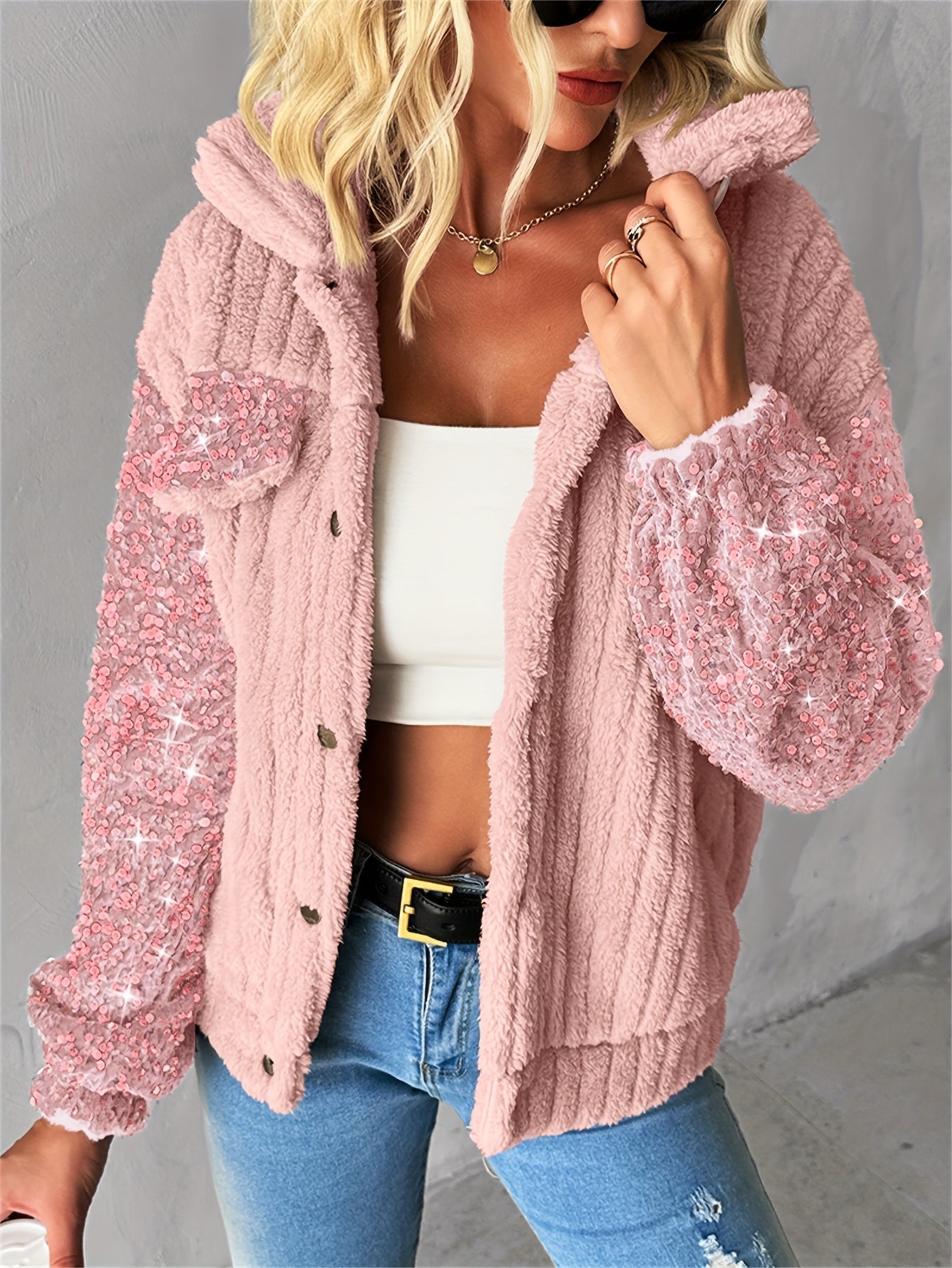CHICME Casaco de Pelúcia Feminino em Imitação de Pele com Detalhes de Lantejoulas - Elegante Casaco de Manga Comprida com Gola de Lapela e Várias Cores, Roupa de Exterior de Inverno Lavável à Máquina para Outono/Inverno