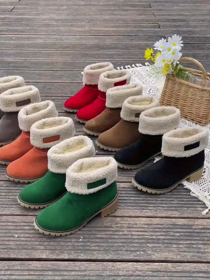 Botas de inverno para mulheres com salto grosso - Botas de cano médio com biqueira redonda e forro de lã, forro de tecido quente e sola de borracha para deslocações ao ar livre, uso casual - Tamanho grande disponível, Botas de inverno, Calçado para clima frio, Forro de interior felpudo, Calçado de tração durável, Calçado para uso diário, Forro aconchegante, Usuários de clima quente