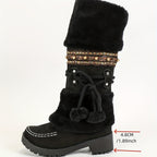 Botas de Inverno Retrô Bohemian Femininas com Detalhes de Bolas de Miçangas e Laço - Botas de Cano Médio com Solado de Borracha Grossa e Forro de Pele Sintética para Passeios Casuais, Encontros, Compras - Preto, Botas de Inverno