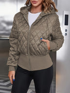 Casaco Acolchoado Casual com Capuz, Zíper e Cordão em Verde Militar