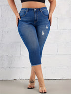 Calças Capri Elásticas para Mulheres - Estilo Urbano, Cor Sólida, Comprimento Médio com Bordas Desfiadas, Cintura Perforada e Zíper Interno, Ajuste Regular, Adequado para Todas as Estações