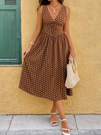 Vestido de verão elegante para mulher com decote em V e bolinhas com fecho - Marrom e branco, sem mangas, perfeito para ocasiões casuais e formais, atitude casual|Decote em V elegante|Vestido com fecho