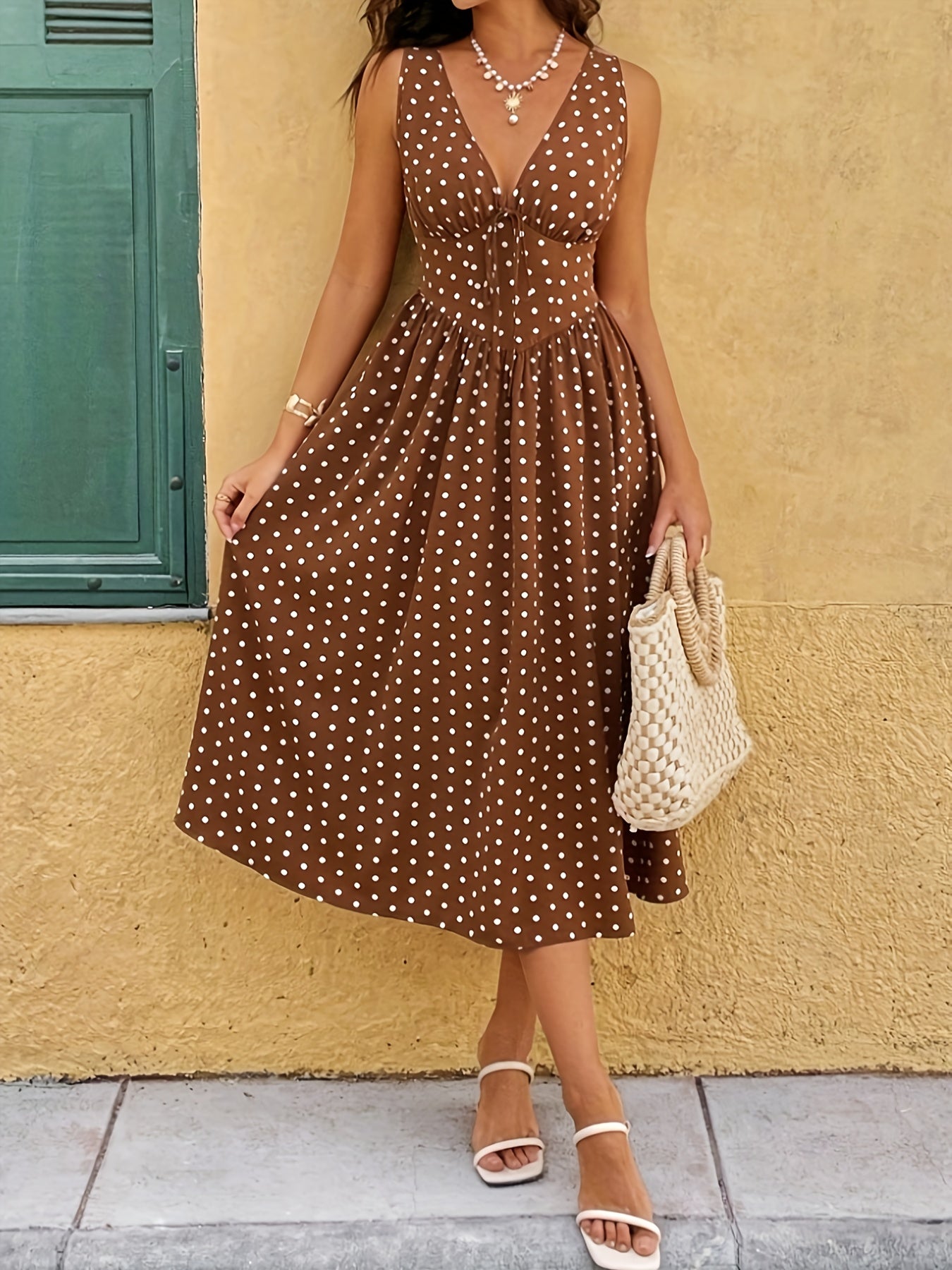 Vestido de verão elegante para mulher com decote em V e bolinhas com fecho - Marrom e branco, sem mangas, perfeito para ocasiões casuais e formais, atitude casual|Decote em V elegante|Vestido com fecho