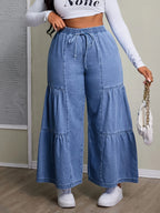 Calças Jeans Femininas de Cintura Alta e Perna Larga sem Elasticidade com Fivela de Cinto e Bolsos - Bainha com Babado para Todas as Estações, do Casual ao Formal, Resistente a Rugas (Lavagem Manual Apenas) - Leggings com Comprimento de Jeans