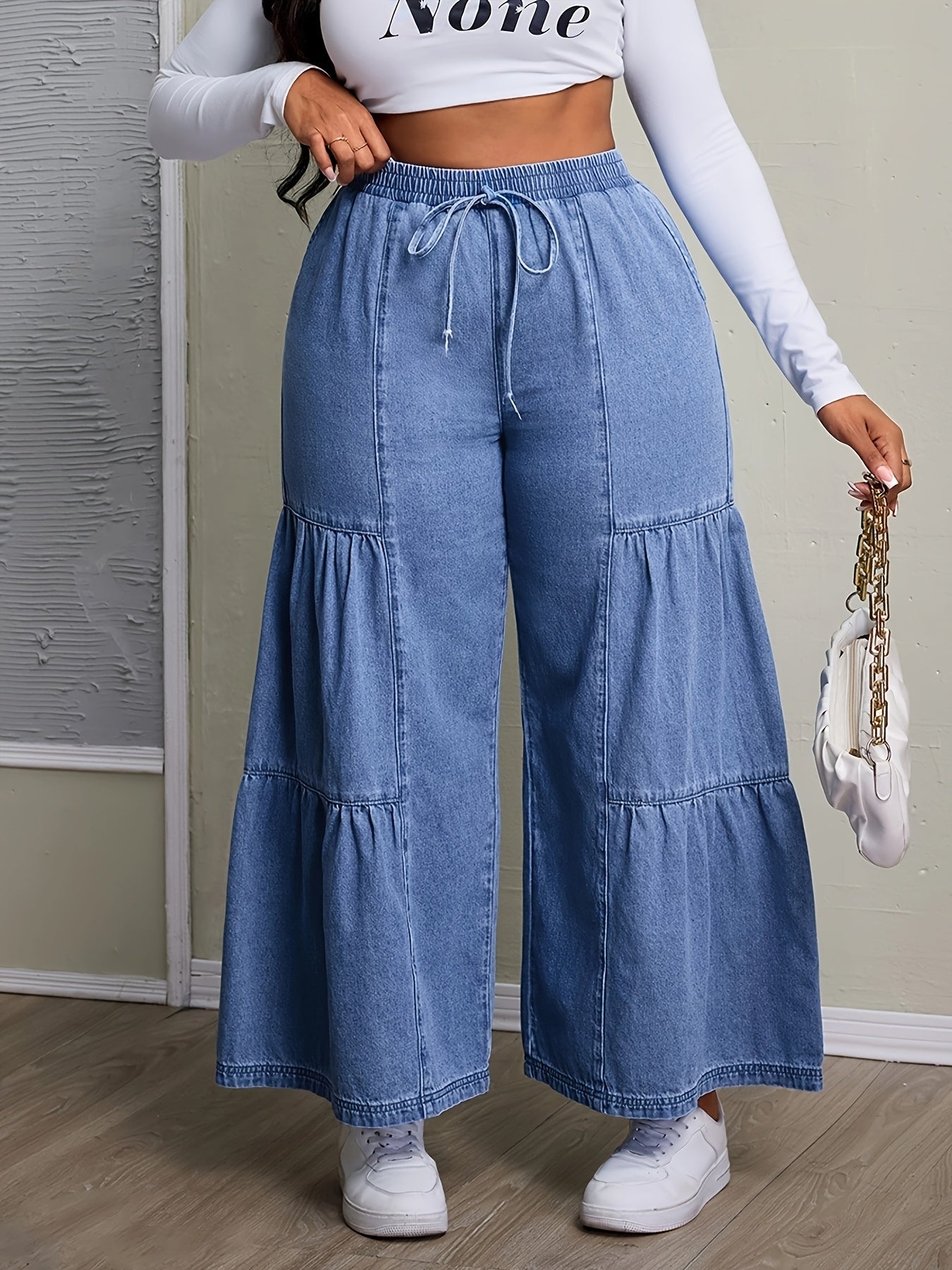 Calças Jeans Femininas de Cintura Alta e Perna Larga sem Elasticidade com Fivela de Cinto e Bolsos - Bainha com Babado para Todas as Estações, do Casual ao Formal, Resistente a Rugas (Lavagem Manual Apenas) - Leggings com Comprimento de Jeans