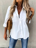 Camisa de botão casual de manga comprida para mulher - Cor sólida, corte relaxado, design de manga 3/4 com bolso no peito, top versátil para todas as estações para atuário casual, vestuário casual | Camisa de corte relaxado | Frente de botão