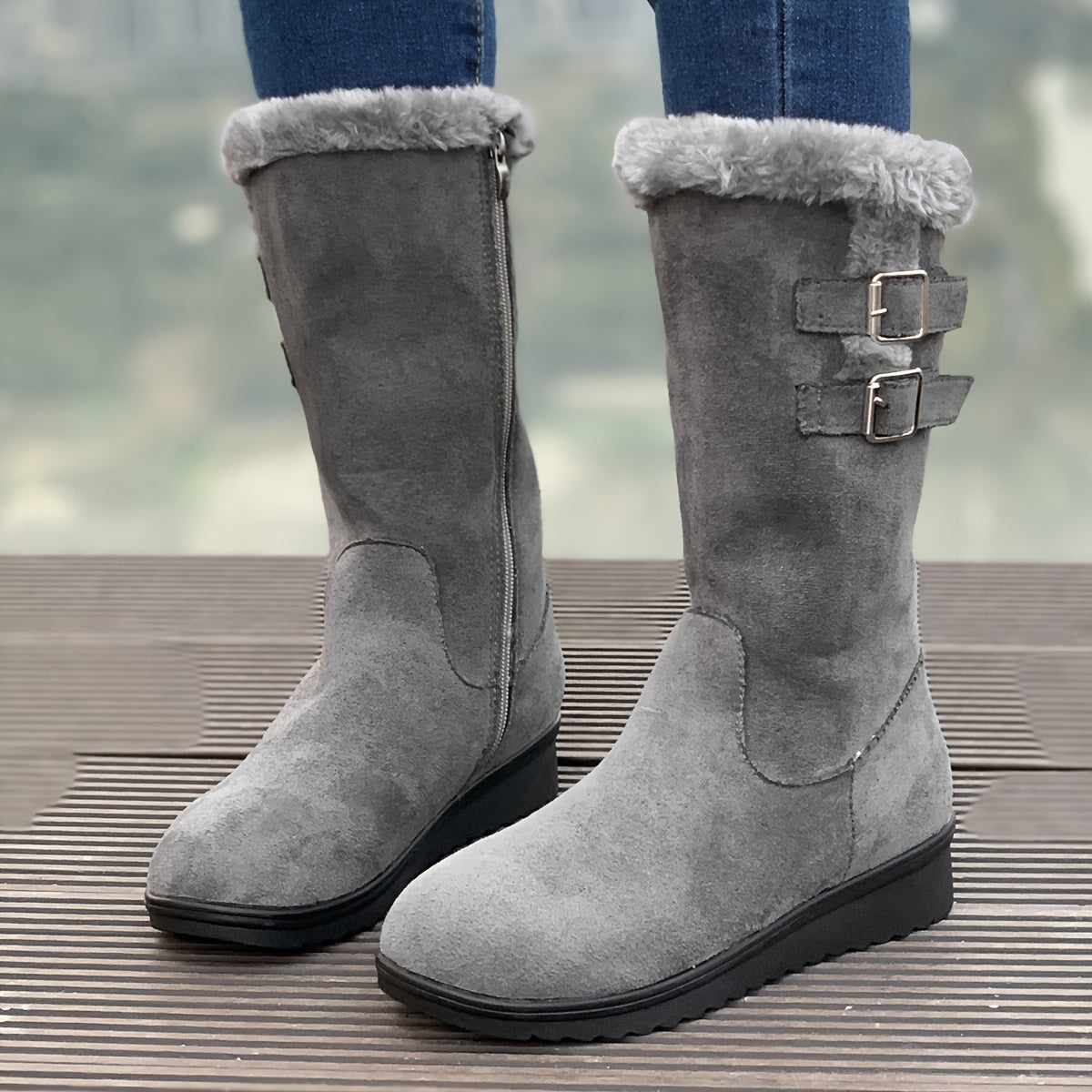 Botas de Inverno para Mulheres - Botas de Meia-Perna com Fecho de Zíper, Sola TR Antiderrapante - Forro Quente de Pele Falsa - Salto Baixo para Uso Diário e Formal - Sapatos Pretos para Clima Frio, Sapatos de Inverno, Calçado de Bico Redondo, Forro Interno de Pelúcia, Calçado Casual, Calçado Confortável, Forro Quente, Roupa de Escritório