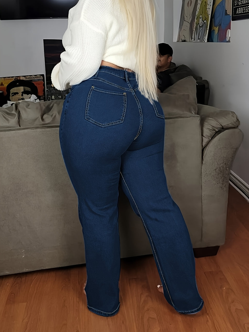 Calças Casuais de Perna Reta Lavadas e Elásticas Plus Size para Mulheres