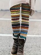 Calças Casuais de Cintura Alta e Elásticas para Mulheres com Estampa Colorida em Listras - 95% Poliéster, 5% Elastano, Conforto Lavável à Máquina para Todas as Estações