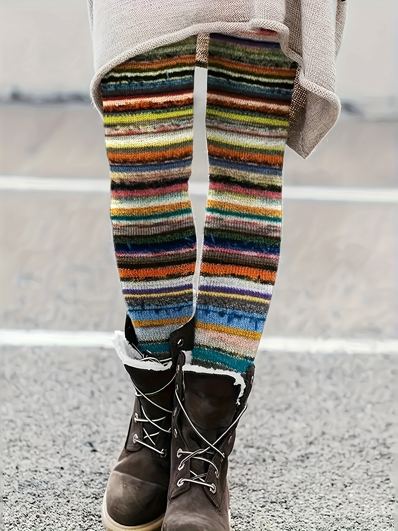 Calças Casuais de Cintura Alta e Elásticas para Mulheres com Estampa Colorida em Listras - 95% Poliéster, 5% Elastano, Conforto Lavável à Máquina para Todas as Estações