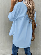 Camisa de botão casual de manga comprida para mulher - Cor sólida, corte relaxado, design de manga 3/4 com bolso no peito, top versátil para todas as estações para atuário casual, vestuário casual | Camisa de corte relaxado | Frente de botão