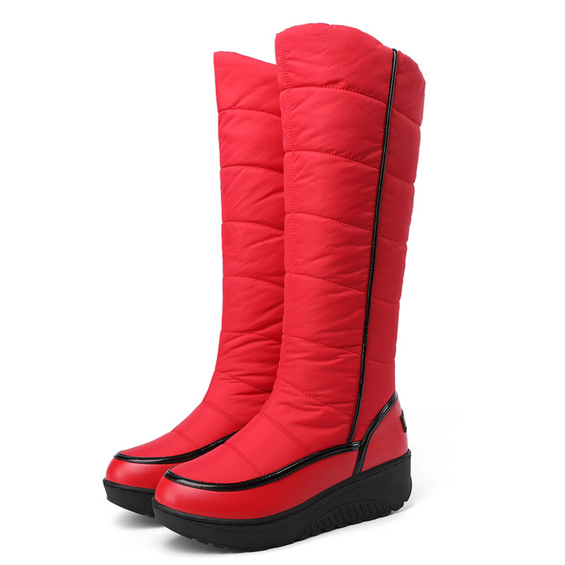 Botas de inverno para mulheres de cano médio - Sola de borracha espessa e antiderrapante, forro de fleece quente, parte superior de tecido respirável e sintético para atividades ao ar livre na neve, vermelho/branco/preto, botas de inverno