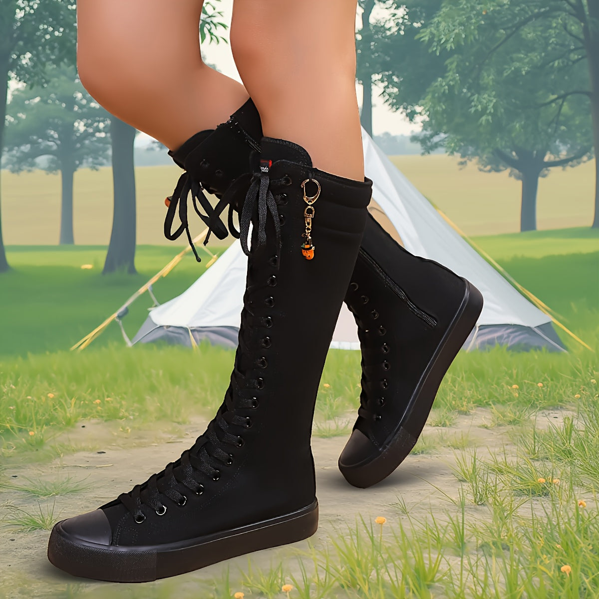 Botas de Cano Alto Rasas com Fecho Interior para Mulher | Pendente de Decoração de Halloween para Estudantes, Para Todas as Estações, Tamanhos 34-43