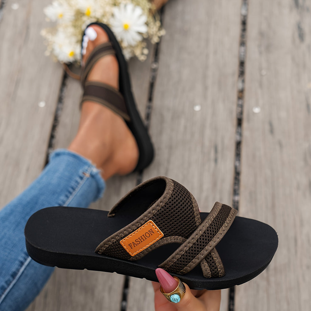 Sandálias Slide de Malha Respirável para Mulheres - Sapatos Baixos Confortáveis de Dedo Aberto com Tiras Cruzadas, Calçado de Verão Leve em Preto/Marrom ou Vermelho/Preto, Uso Casual Interno & Externo, Sandálias de Tiras