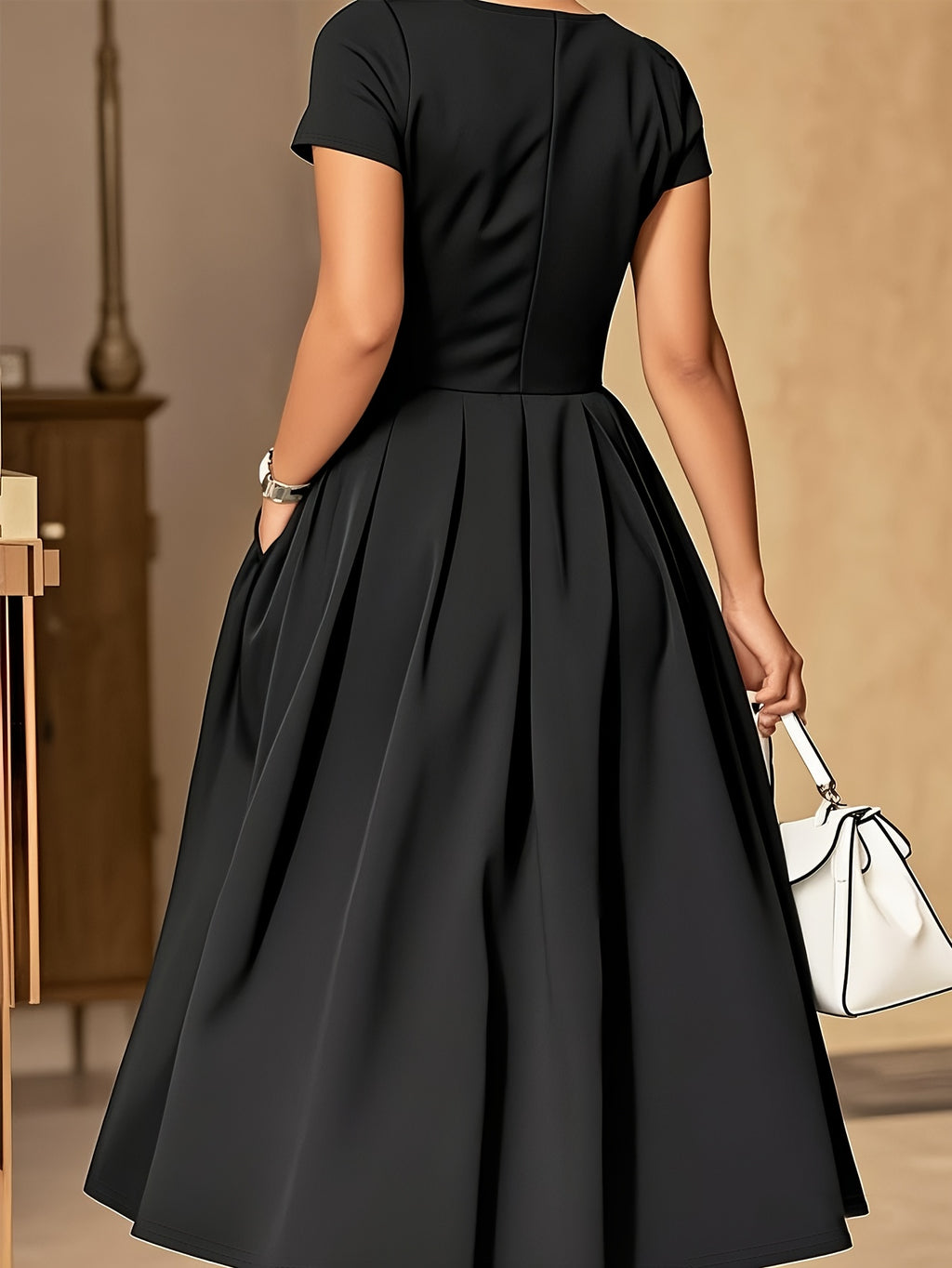 Vestido Feminino Elegante com Decote em V e Manga Curta - Preto Sólido, Lavável à Máquina, Elasticidade Média, Casual e Formal para Primavera/Outono, Estilo Sofisticado, Costura de Qualidade, Roupa Versátil para Escritório