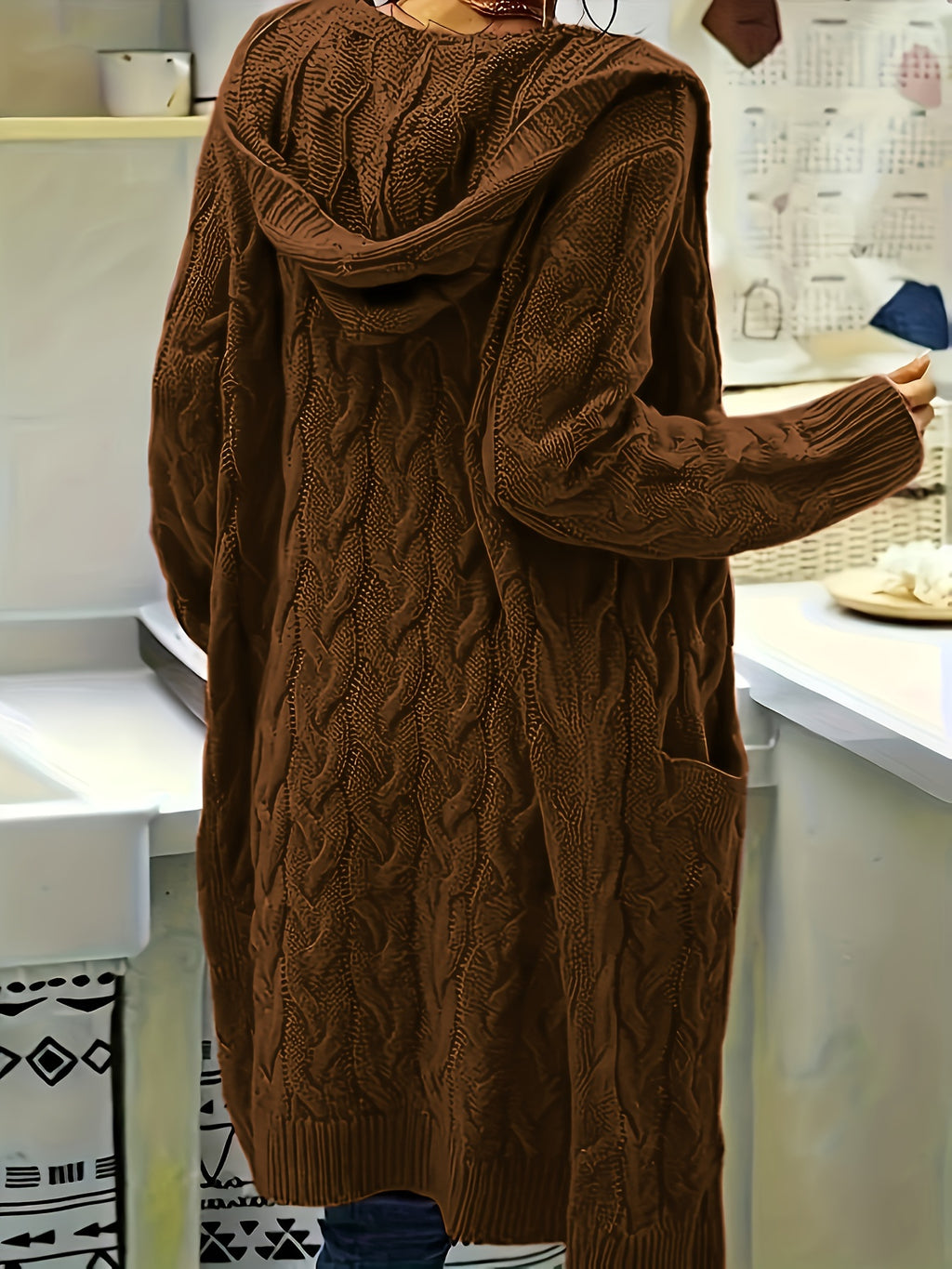 Cardigã Feminino de Meio Comprimento com Capuz - Suéter Longo de Manga Solta e Bolsos, Lavável na Máquina, Elegância Casual para Outono/Inverno, Conforto Diário, Design Estiloso e Ajuste Confortável