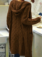 Cardigã Feminino de Meio Comprimento com Capuz - Suéter Longo de Manga Solta e Bolsos, Lavável na Máquina, Elegância Casual para Outono/Inverno, Conforto Diário, Design Estiloso e Ajuste Confortável