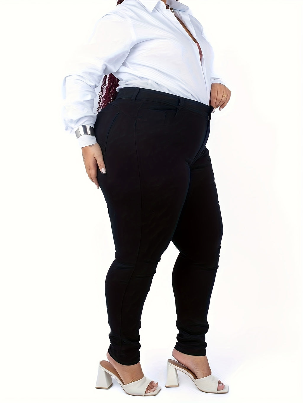 Calças Jeans Skinny de Cintura Alta para Mulheres Plus Size - Calças de Denim Elástico com Controle de Barriga e Perna Larga, Fechamento com Botão sem Cinto, Silhueta em H (Amigável para Curvas) - Lavável à Máquina para Uso Casual e Formal em Todas as Estações (Tamanho Máximo 5XL Disponível)