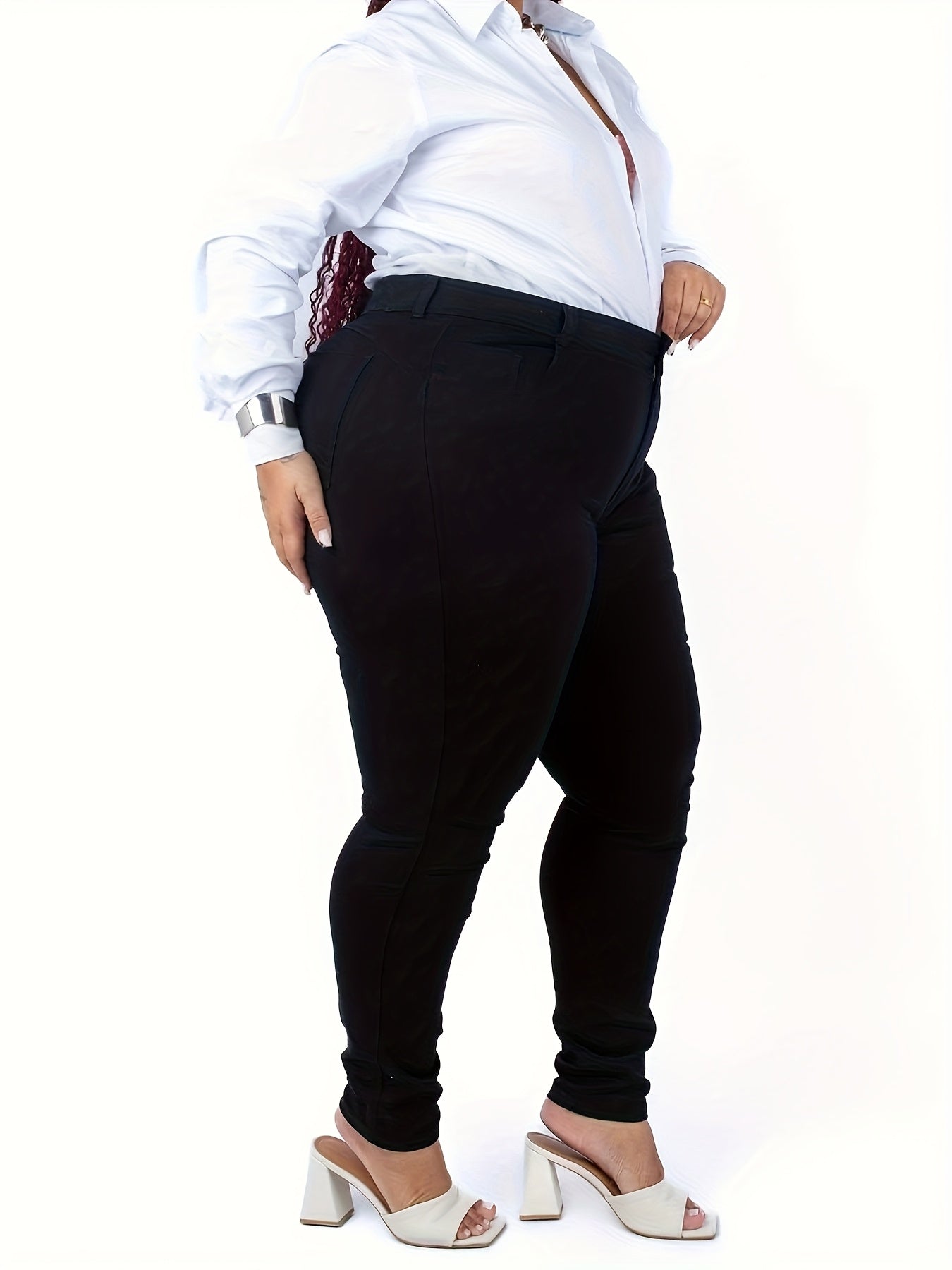 Calças Jeans Skinny de Cintura Alta para Mulheres Plus Size - Calças de Denim Elástico com Controle de Barriga e Perna Larga, Fechamento com Botão sem Cinto, Silhueta em H (Amigável para Curvas) - Lavável à Máquina para Uso Casual e Formal em Todas as Estações (Tamanho Máximo 5XL Disponível)