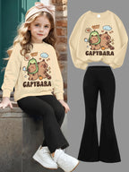 Conjunto de Moletom com Estampa de Golfinho Feng Shui e Calça Flare Ajustada para Meninas, Moda Fofa, Casual para Primavera, Outono e Inverno, Ideal para Uso ao Ar Livre