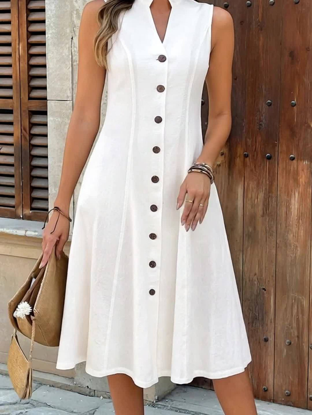 Vestido Comprido Elegante Sem Mangas com Decote em V e Botões Frontais de Um Botão para Mulher - Vestido Maxi Liso em A, Saia Tenda Estruturada e Bainha Évasée, Lavável na Máquina para Primavera, Verão e Outono, Eventos Formais e Casuais, Vestidos para Convidados de Casamento, vestidos de mulher verão, vestidos mulher, vestidos de mulher, vestidos de verão mulher boa qualidade, vestidos de mulher elegante, vestidos para ocasiões especiais, vestidos de cerimónia para mulher