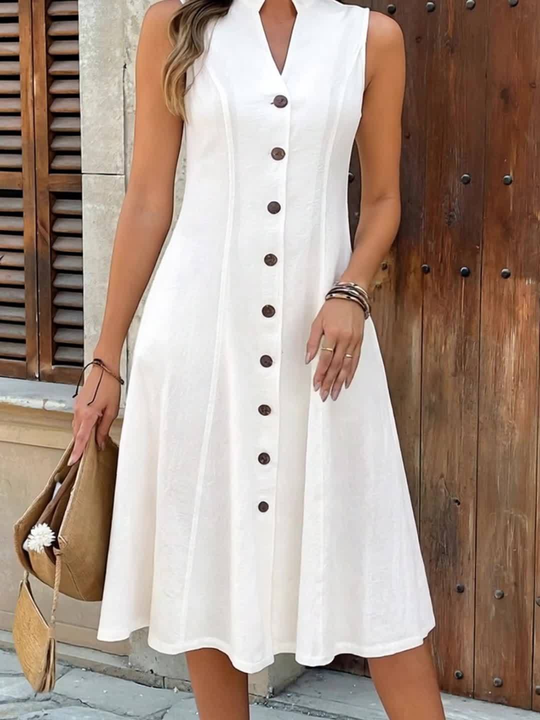 Vestido Comprido Elegante Sem Mangas com Decote em V e Botões Frontais de Um Botão para Mulher - Vestido Maxi Liso em A, Saia Tenda Estruturada e Bainha Évasée, Lavável na Máquina para Primavera, Verão e Outono, Eventos Formais e Casuais, Vestidos para Convidados de Casamento, vestidos de mulher verão, vestidos mulher, vestidos de mulher, vestidos de verão mulher boa qualidade, vestidos de mulher elegante, vestidos para ocasiões especiais, vestidos de cerimónia para mulher