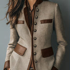 Timeless Women's PU Patchwork High-Collar Blazer