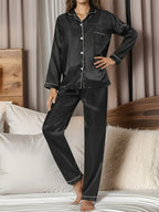 Conjunto Simples De Lounge Em Cetim Sólido, Top Com Botões De Manga Comprida E Lapela & Calças Elásticas, Loungewear Para Mulheres