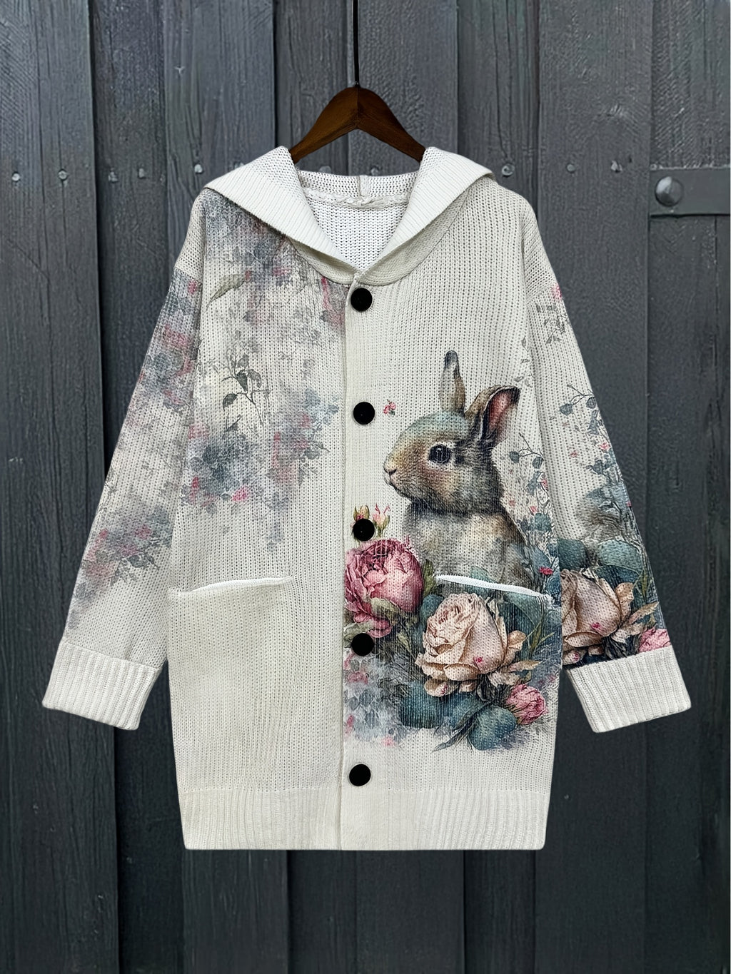 Cardigã com capuz confortável para mulheres com estampa floral e coelho - Manga comprida, fecho de botão, ajuste solto, bege, roupa casual de outono/inverno, roupa de outono/inverno | Roupa de malha confortável | Construção