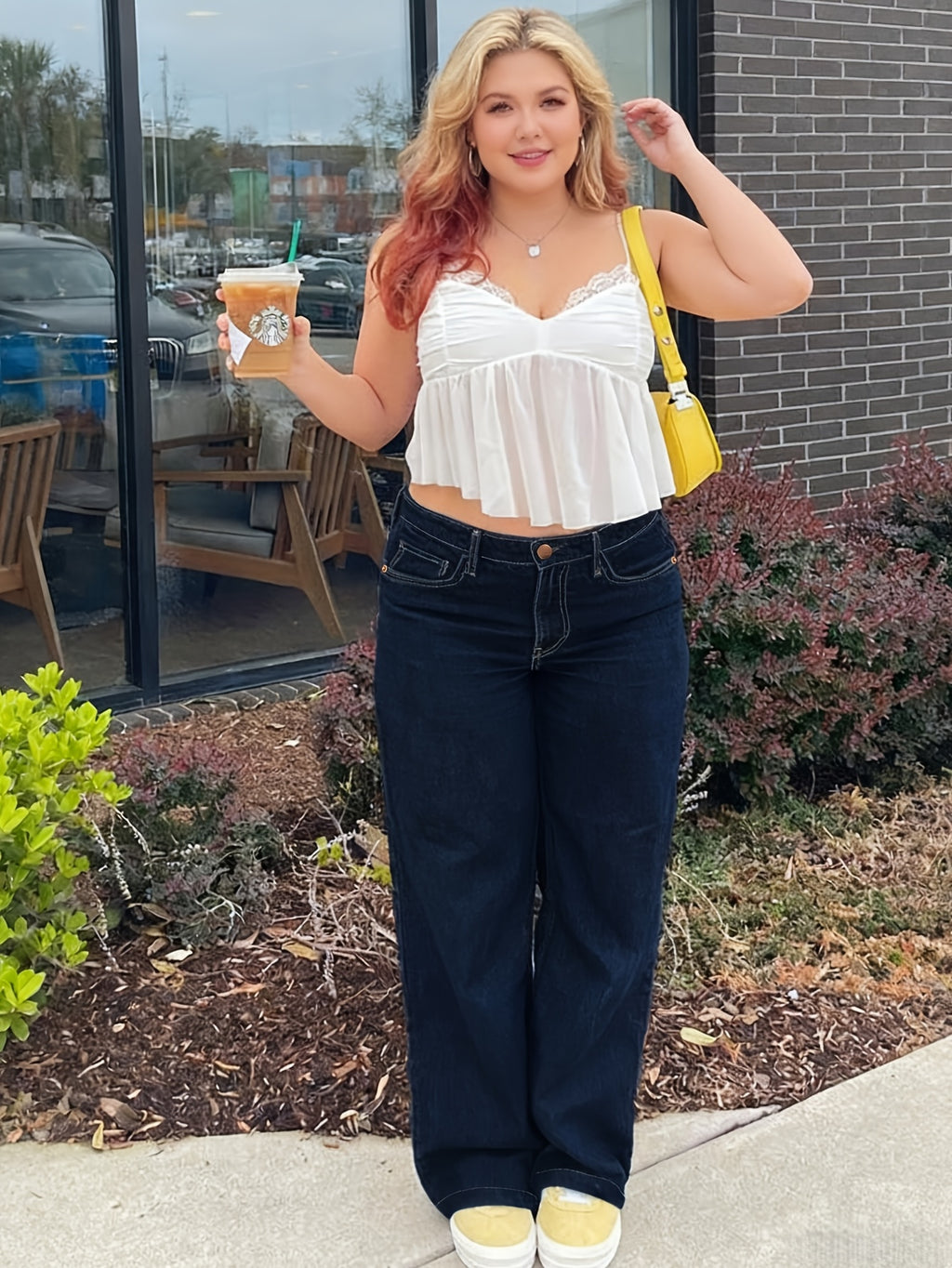 Calças Jeans Plus Size Femininas de Perna Larga em Linha H - Calças Compridas com Zíper na Coxa, Azul Escuro Elástico (Sem Passantes), Uso Casual e Formal para Todas as Estações, Lavável na Máquina para Mulheres Curvilíneas (Tamanho Plus Size)