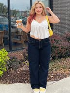 Calças Jeans Plus Size Femininas de Perna Larga em Linha H - Calças Compridas com Zíper na Coxa, Azul Escuro Elástico (Sem Passantes), Uso Casual e Formal para Todas as Estações, Lavável na Máquina para Mulheres Curvilíneas (Tamanho Plus Size)