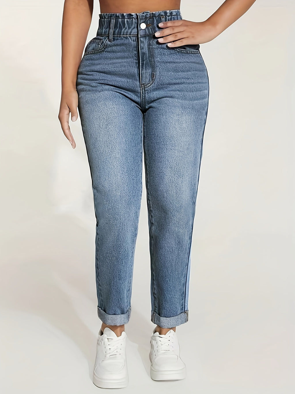 Calças Femininas de Corte Reto com Cintura Elástica e Barra Enrolada - Jeans Casual Lavado para Uso em Todas as Estações, Lavável na Máquina, Calças de Cor Sólida