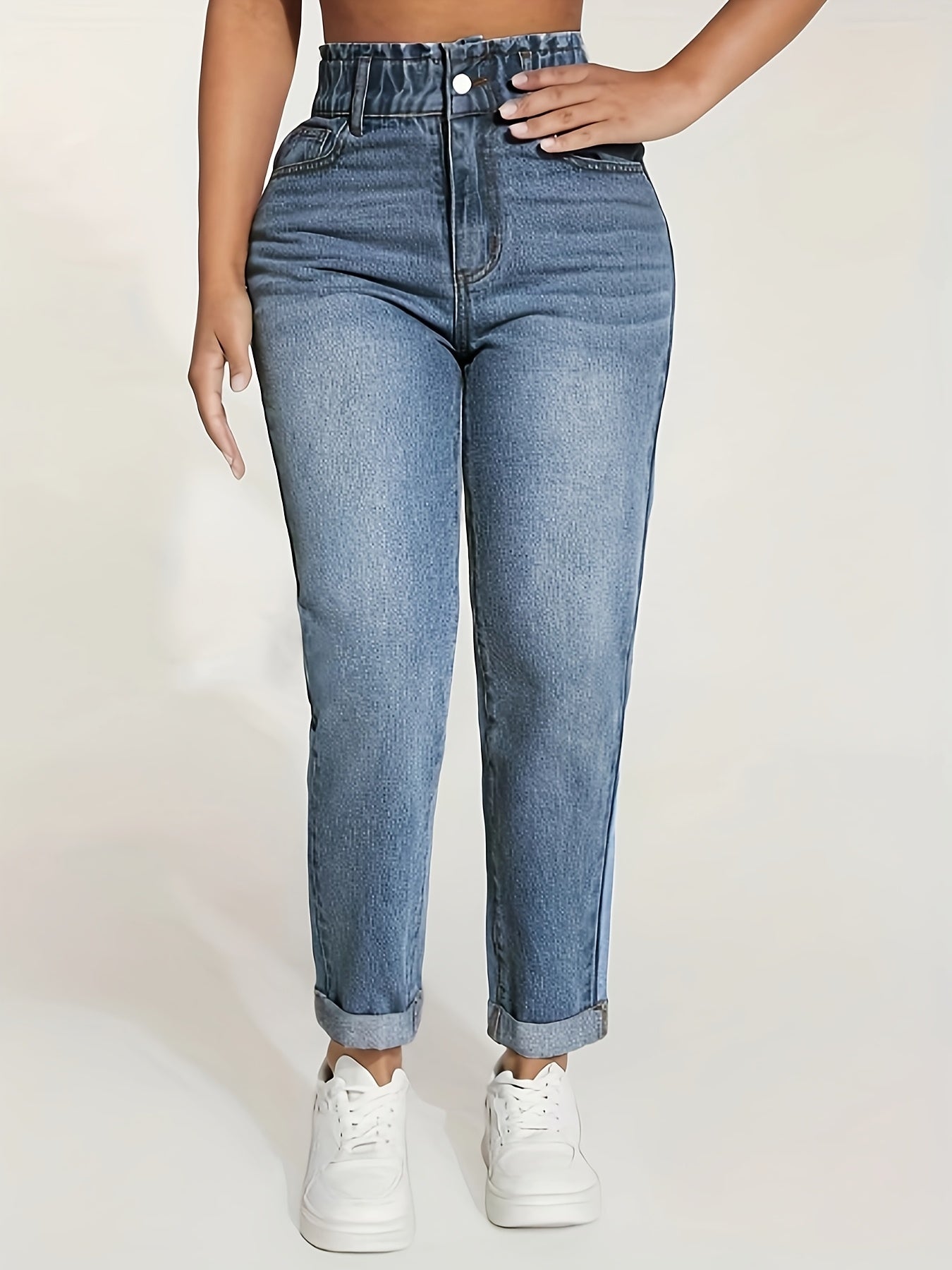 Calças Femininas de Corte Reto com Cintura Elástica e Barra Enrolada - Jeans Casual Lavado para Uso em Todas as Estações, Lavável na Máquina, Calças de Cor Sólida
